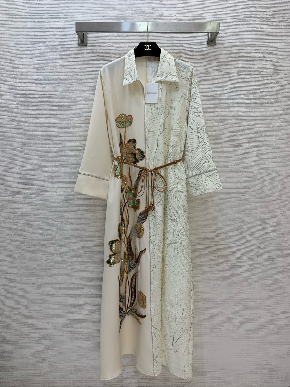 Zimmermann Cream and Gold Embroidered Split-Panel Maxi Dress